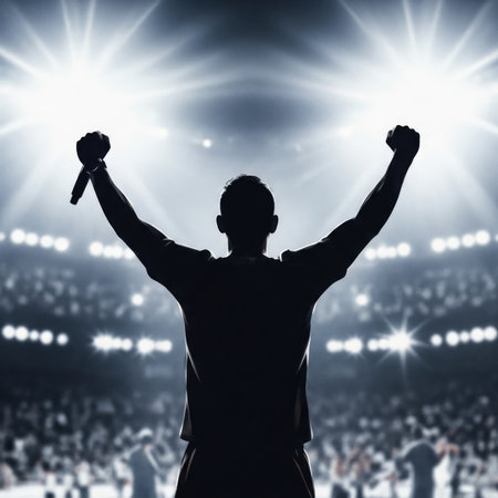 A silhouette of a singer or performer on stage with arms raised triumphantly, holding a microphone, illuminated by bright stage lights as a cheering crowd watches below.の素材