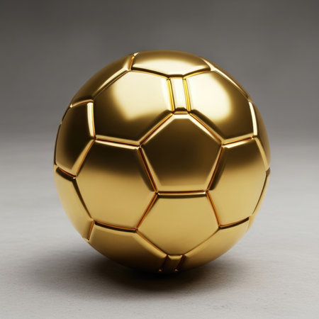 A close-up, realistic render of a gleaming golden soccer ball, representing ultimate success, championship wins, and the pinnacle of athletic achievement in the sport.の素材