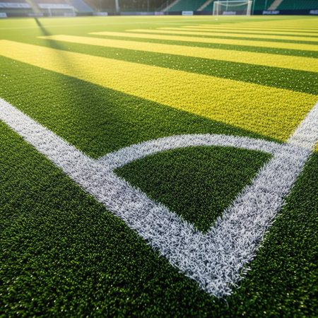 Close-up view of a soccer field corner marked by white lines on bright green artificial turf, illuminated by golden sunlight, highlighting the vibrant stripes of the pitch.の素材
