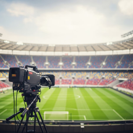 A professional broadcast camera on a tripod captures a vibrant soccer stadium filled with colorful seats and a perfectly manicured green field, ready for live event coverage.の素材