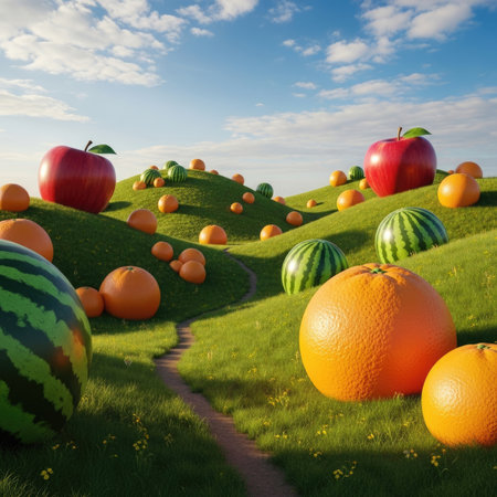 A surreal and imaginative scene depicting an orchard landscape where oversized fruits like apples, oranges, and watermelons grow on rolling green hills under a bright blue sky with clouds.の素材