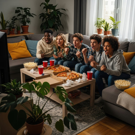 A diverse group of young friends are excitedly watching television together in a living room, with pizza, popcorn, and drinks spread across a coffee table, sharing a moment of intense engagement and joy.の素材
