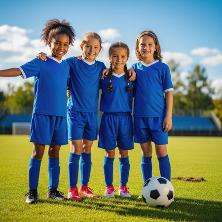 A diverse group of four young girls wearing matching blue soccer uniforms and cleats stand together on a grassy field, smiling happily with arms around each other, a soccer ball nearby.の素材