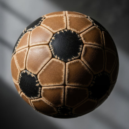 Close-up studio shot of a classic retro soccer ball, featuring traditional brown and black leather panels with visible stitching, highlighting its textured surface and round shape.の素材