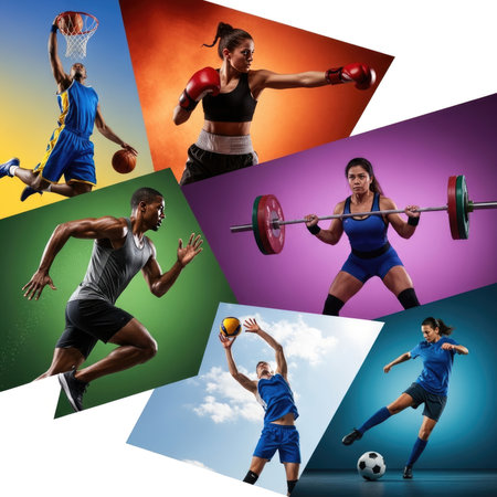 A dynamic collage showcasing male and female athletes engaged in various sports like basketball, boxing, running, weightlifting, volleyball, and soccer, representing health and fitness.の素材