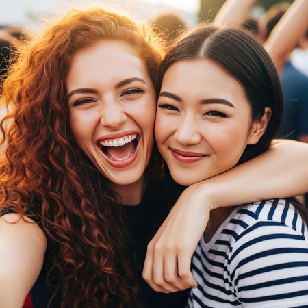 Close-up outdoor portrait of two young women, one with curly red hair and the other with dark hair, embracing and laughing joyfully in warm sunlight, showcasing friendship and happiness.の素材