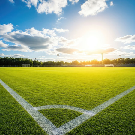 A wide angle view of an empty soccer field corner, bathed in the warm glow of the setting sun under a bright blue sky with fluffy clouds. The green grass is perfectly manicured.の素材