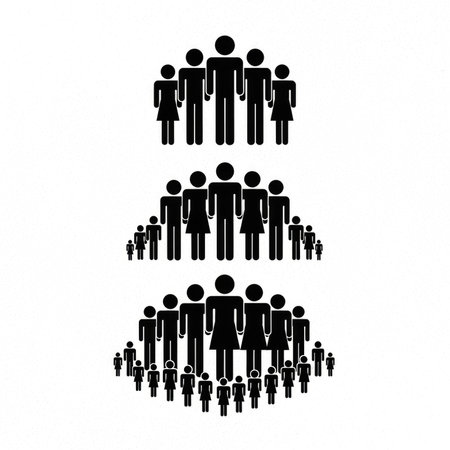 A graphic design featuring silhouettes of people in three rows of increasing size, representing community growth, population statistics, and social dynamics. The figures are isolated on a white background.の素材