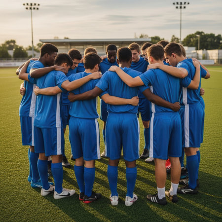A diverse group of young male soccer players, wearing matching blue uniforms, stand in a circle with arms around each other's shoulders on a bright green sports field during daylight.の素材