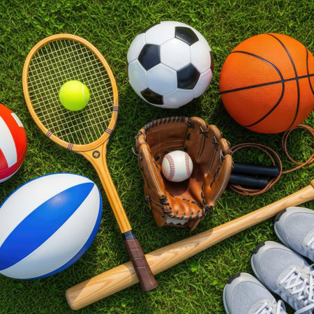 An assortment of popular sports balls and gear, including a tennis racket, soccer ball, basketball, baseball glove with ball, rugby ball, baseball bat, and sneakers, laid out on a lush green lawn. 150の素材