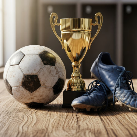 A golden soccer trophy, a worn soccer ball, and a pair of blue cleats are artfully arranged on a rustic wooden surface, with blurred stadium lockers in the background, symbolizing victory and sport.の素材