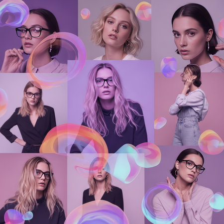 A collage of diverse young women, some wearing glasses, presented as fashion and beauty portraits against purple and pink studio backgrounds with abstract bubble elements. This image showcases modern eyewear and a contemporary lifestyle.の素材