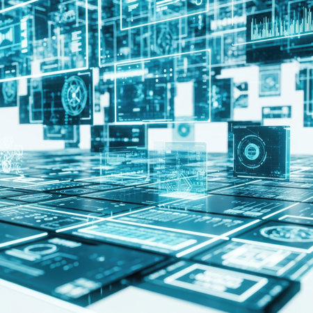 Abstract illustration of a digital interface showing data processing, analytics, and network connections in a futuristic technological environment. Represents concepts of big data, artificial intelligence, and cybersecurity.の素材