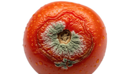 A close-up, studio shot of a single red tomato showing significant signs of spoilage, including mold and decay, against a clean white background, highlighting the progression of food decomposition.の素材