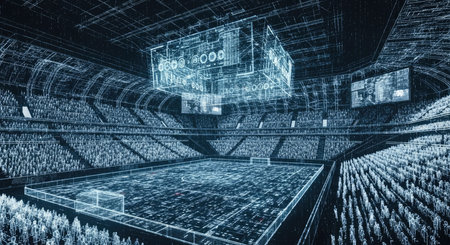An abstract digital wireframe representation of a packed stadium, showcasing a football field, seating, and scoreboard, with a futuristic and technological feel.の素材