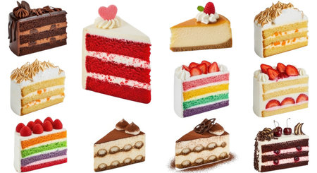 A delicious collection of assorted cake slices including chocolate, red velvet, rainbow, tiramisu, and fruit-topped cakes, presented cleanly on a white background.の素材