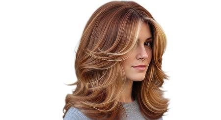 A woman with stylish, layered auburn hair with blonde highlights, looking towards the camera, isolated on a pure white background. Perfect for beauty.の素材