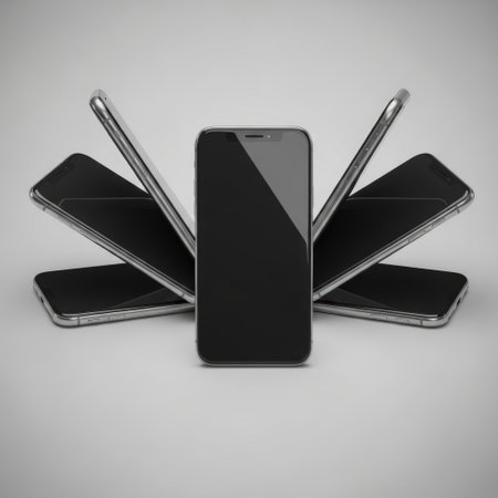 Discover the elegance of contemporary mobile devices. This image presents a group of smartphones in a captivating arrangement highlighting their minimalist aesthetics and sophisticated appeal for a modern lifestyle.の素材