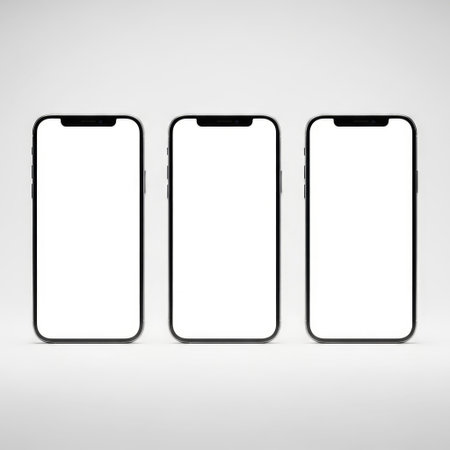 Showcase your innovative app designs or digital creations with this clean image featuring three identical smartphones. Their blank screens are perfect for showcasing UI UX mockups on a minimalist gray background.の素材