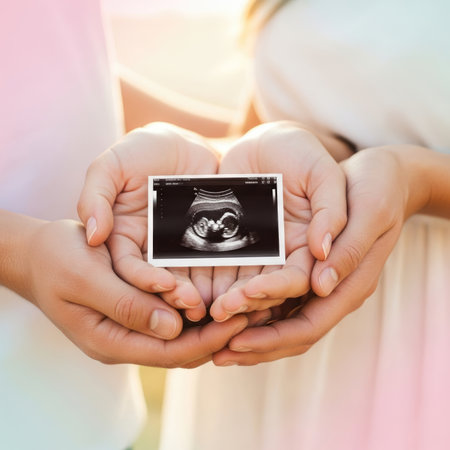 A close-up shot of a couple's hands gently holding a sonogram image of their unborn baby, symbolizing pregnancy, new life, and anticipation.の素材