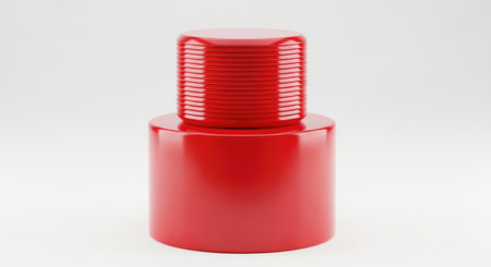 A single red bolt, isolated on a clean white background. The bolt features a cylindrical base and a threaded shaft.の素材