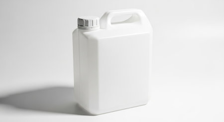 A white plastic canister with a handle and cap, isolated on a white background. The canister is empty and appears to be a common container for liquids.の素材