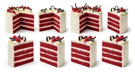 Several slices of red velvet cake are displayed on a white background. The cake slices show multiple layers of red cake and cream frosting, garnished with berries and chocolate decorations.の素材