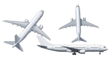 Three views of an airplane, isolated on a white background. The views show the aircraft from different angles, including top-down, side, and angled perspectives.の素材