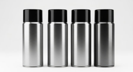 Four identical aerosol cans with black caps, presented in a row and isolated on a clean white background. The metallic silver cans suggest products like hairspray, deodorant, or cleaning sprays.の素材