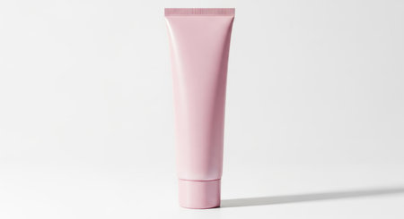 A pink cosmetic tube isolated on a white background.の素材
