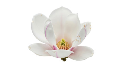 A single, delicate magnolia flower is depicted, isolated on a transparent background. The petals are a soft white with hints of pink, and the center reveals the intricate stamen and pistil. This image is perfect for designs requiring a clean, natural element.の素材
