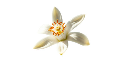 A single, delicate white citrus flower with a vibrant yellow stamen and pistil is isolated on a clean white background.の素材