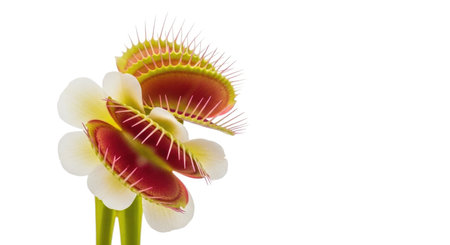 A detailed view of a Venus flytrap plant showcasing its distinctive red-lined traps and delicate white flowers against a clean white background.の素材