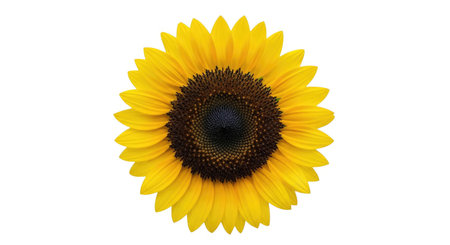 A vibrant, single sunflower with bright yellow petals and a dark, textured center is isolated on a clean white background.の素材
