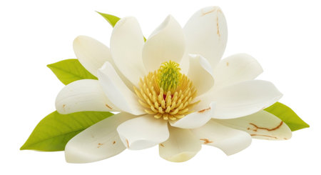 A close-up studio shot of a delicate white magnolia flower with vibrant green leaves, isolated on a pure white background.の素材