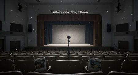 A solitary microphone stands center stage under a spotlight in a dark, empty theater, ready for a performer.の素材