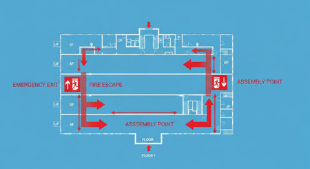 A blueprint-style diagram shows a building layout with red arrows indicating airflow paths for ventilation and heating systems.の素材