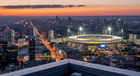 An aerial view of a sprawling city at twilight, featuring a brightly lit stadium and a vibrant sunset painting the sky with warm colors.の素材