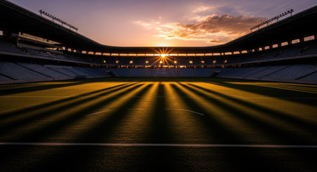 An empty stadium bathed in the warm glow of a sunset, with dramatic shadows stretching across the field.の素材