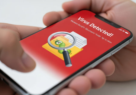 Close-up of a smartphone held by hands displaying a critical security alert: 'Virus Detected'. A magnifying glass hovers over a file icon, symbolizing digital threat detection and cybersecurity.の素材