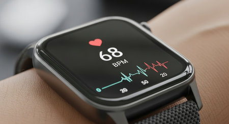 Close-up view of a sleek smartwatch screen displaying a heartbeat icon, current heart rate of 68 bpm, and other health monitoring features.の素材