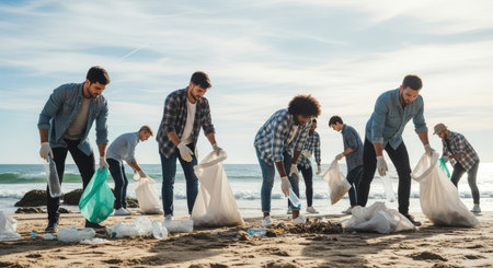 A group of dedicated individuals works together on a beach, diligently collecting trash and debris into bags. They are committed to preserving the natural beauty of the coastal environment.の素材