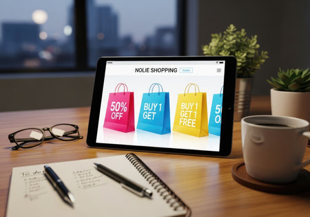 A modern tablet on a wooden desk showcases an online shopping website with vibrant sale bags. Nearby are glasses, pens, a notebook, and a coffee mug, suggesting a focused work or browsing session.の素材