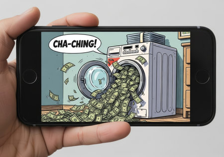 A hand holds a smartphone displaying a cartoon on its screen. The cartoon humorously depicts a washing machine filled with money and a speech bubble saying 'Cha-ching!' symbolizing financial dealings.の素材