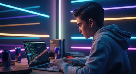 A young person intently works on a laptop in a dimly lit room, illuminated by vibrant horizontal neon light strips casting a futuristic glow.の素材