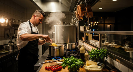 A professional chef is intently focused on cooking, with steam rising from pots and pans. The kitchen is well-lit, showcasing various ingredients and equipment, creating a dynamic culinary atmosphere.の素材