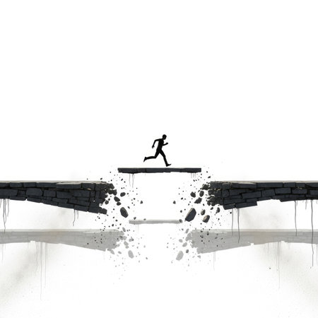 A silhouette of a man in mid-air, jumping over a wide gap in a broken bridge. The object is isolated on a transparent background.の素材