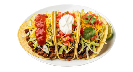 Three delicious tacos filled with seasoned ground beef, shredded lettuce, cheese, tomatoes, and sour cream, presented on a white plate. The tacos are isolated on a transparent background.の素材