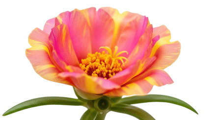 A close-up studio shot of a single, multi-colored Portulaca flower with bright pink and yellow petals against a stark white backdrop.の素材