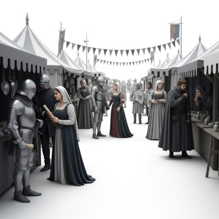 A historical reenactment or staged scene depicts a medieval fair with armored knights, elegantly dressed ladies, market stalls, and festive banners.の素材